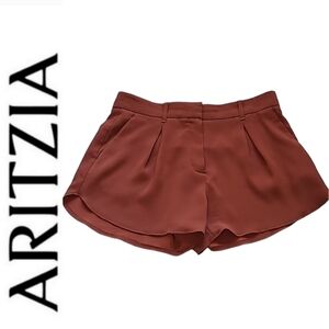 SZ4 Aritzia Babaton Antoine Burnt Orange Pleated Shorts Japanese Crepe
